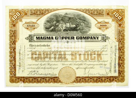 Certificat d'actions de la société de cuivre Magma Banque D'Images