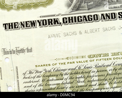 Close up detail d'un certificat d'action de l'État de New York et Chicago St Louis Railway Company Banque D'Images