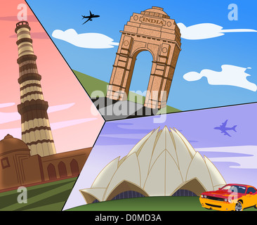 Montage of landmarks, porte de l'Inde, le Qutub Minar, Lotus Temple, New Delhi, Inde Banque D'Images