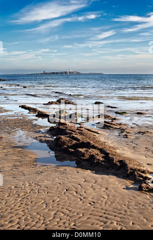 Qui affleurent à marée basse sur la plage sous Bamborough Castle avec iles Farne au loin. Le Northumberland Banque D'Images