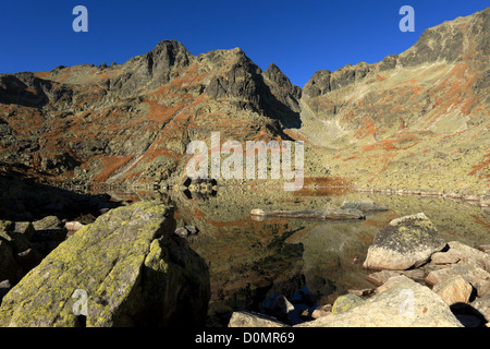 Les cimes de la Tatra déchiquetés reflétés sur la surface du tarn Zabie pleso, Hautes Tatras, en Slovaquie. Banque D'Images