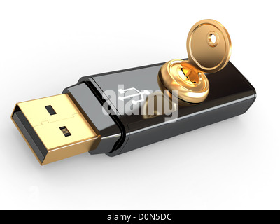 La sécurité des données. La protection de l'information. La mémoire flash USB et la clé. 3d Banque D'Images