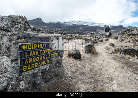 MONT KILIMANDJARO, Tanzanie — Un panneau rare au milieu du désert rocheux et accidenté d'aplines sur la route du Mont Kilimandjaro Lemosho. Ces clichés ont été pris sur le sentier entre Moir Hut Camp et Lava Tower à environ 14 500 pieds. Banque D'Images