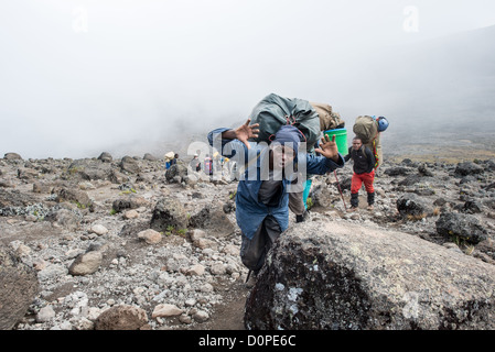 MONT KILIMANDJARO, Tanzanie — Un porteur pose pour la caméra sur le sentier entre Moir Hut Camp (13 660 pieds) et Lava Tower (15 215 pieds) sur la route Lemosho du Mont Kilimandjaro. A cette altitude, la zone de landes (landes) cède la place à un désert alpin rocheux. Banque D'Images