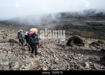 MONT KILIMANDJARO, Tanzanie — porteurs sur le sentier entre Moir Hut Camp (13 660 pieds) et Lava Tower (15 215 pieds) sur la route Lemosho du Mont Kilimandjaro. A cette altitude, la zone de landes (landes) cède la place à un désert alpin rocheux. Banque D'Images