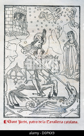 Gravure représentant St George en tant que jeune homme blindé combats le dragon dans une œuvre de Ramon Llull. Banque D'Images