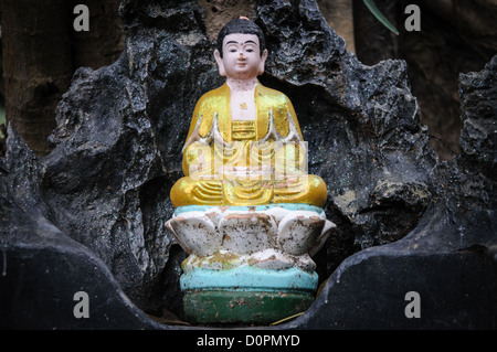 Sanctuaire de la pagode One Pillar Hanoi Vietnam // HANOI, Vietnam — Un petit sanctuaire hommage se trouve dans un arbre noueux adjacent à la pagode One Pillar près du musée Ho Chi Minh dans le quartier de Ba Dinh. La pagode à un pilier, officiellement connue sous le nom de Chua mot Cot, est l'un des temples les plus emblématiques du Vietnam et représente l'un des monuments architecturaux les plus distinctifs du pays. Construite à l'origine en 1049 sous la dynastie Ly, la pagode a été construite pour ressembler à une fleur de lotus émergeant de l'eau. La structure actuelle est une reconstruction, car l'original a été détruit en 1954. La pagode se trouve dans le centre Banque D'Images