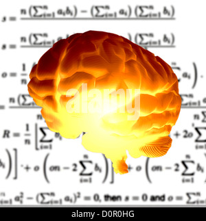 Le modèle généré par ordinateur d'un cerveau humain d'un composite sur fond de symboles mathématiques Banque D'Images