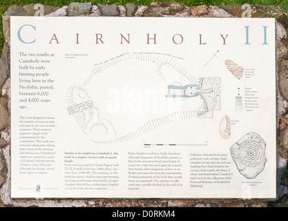 L'Écosse, environs Creetown, Cairn II Sainte sépulture néolithique cairn, chambré, signe de l'information Banque D'Images