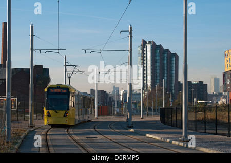 Tramway Metrolink au cours des essais sur la ligne East Manchester, New Islington, 4Rs Salford-manchester, Manchester, Angleterre, RU Banque D'Images