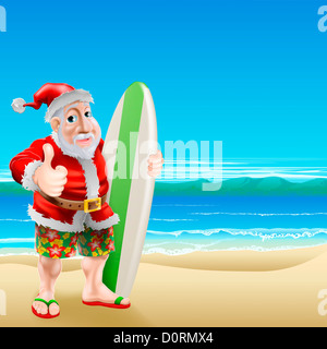 Une illustration du Père Noël debout en short et sandales on a beach holding a surfboard et fait un Thumbs up Banque D'Images