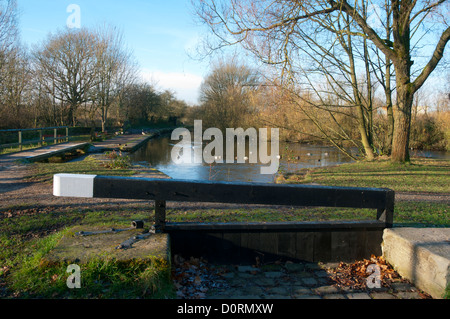 Siège fabriqué sous la forme d'une porte d'écluse de canal, Daisy NOOK Country Park, Failsworth, Manchester, Royaume-Uni Banque D'Images