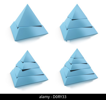 3d abstrait jeu de pyramide, deux, trois, quatre, cinq niveaux, de couleur bleue sur fond blanc, éléments de design avec la réflexion Banque D'Images