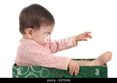 Bébé de huit mois à l'intérieur d'une boîte jouant dans un fond blanc Banque D'Images