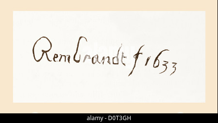 La signature de Rembrandt Harmenszoon van Rijn en date du 1633. L'artiste néerlandais et français. Banque D'Images