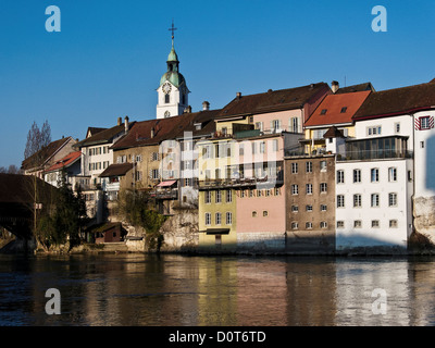 Aare, Vieille Ville, Rivière, maisons, maisons, canton de Soleure, clocher, Olten, Suisse, ville, ville, Banque D'Images