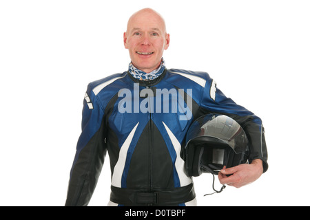 Moteur de détail en bleu biker cuir noir avec casque Banque D'Images