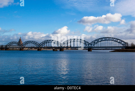 Pont ferroviaire sur la Daugava à Riga Banque D'Images