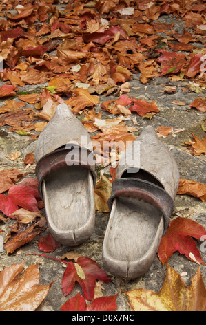 Sabots traditionnels français. M. Descroix usé du vieux sabots en bois, entouré de feuilles mortes, de la Drôme, France rurale. Banque D'Images