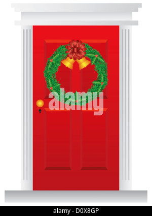 Couronne de Noël avec des clochettes d'or accroché sur la porte rouge avec attributs Illustration Banque D'Images