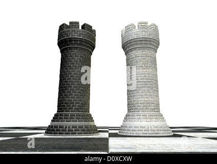 Un noir et blanc d'une pièce d'échecs château en brique et mortier opposées l'une à l'autre sur un échiquier sur un fond isolé Banque D'Images