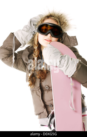 Woman posing with snowboard Banque D'Images