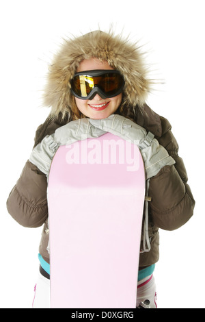 Smiling woman in hood with snowboard Banque D'Images