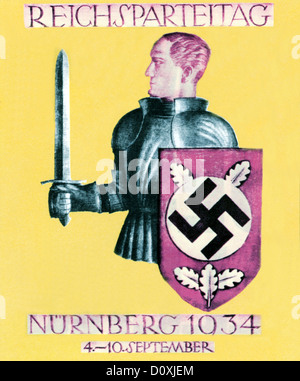 Nuremberg, Rallye, Nazi, parti, NSDAP, card, chevalier, épée, bouclier, swastika, carte postale, Troisième Reich, l'Allemagne, 1934, paragr. Banque D'Images