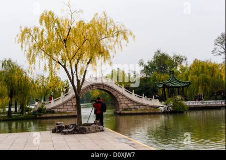 Un photographe prendre la photo au bord de lac à Yangzhou Banque D'Images