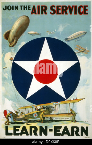 La Première Guerre mondiale, American, le recrutement, l'affiche, des soldats, des avions et des dirigeables, ballon, étoile, insignes, USA, 1917, Banque D'Images