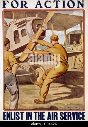 La Première Guerre mondiale, entre nous, l'Armée de terre, Air Service, le recrutement, l'affiche, l'homme, lancement, avion, l'hélice s'enrôler, action, Air Service, 1917, Banque D'Images