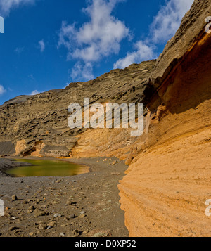 Espagne, El Golfo, Lanzarote, Lago Verde, paysage, eau, été, montagnes, collines, îles Canaries Banque D'Images