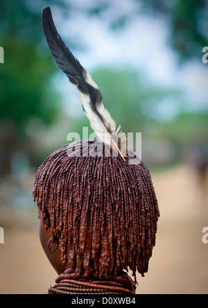 Vue arrière de la tribu Hamar, femme avec des plumes, de la coiffure et Turmi, vallée de l'Omo, Ethiopie Banque D'Images