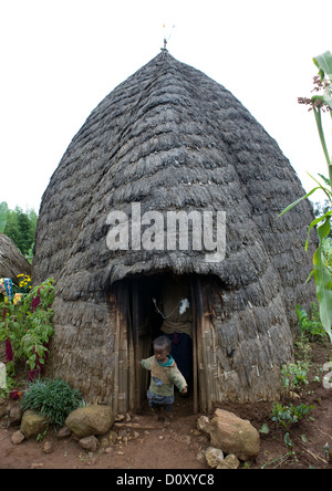 Kid à la porte d'une tribu Dorze maison faite de poteaux en bois et bambou tressé, Chencha, Ethiopie Banque D'Images