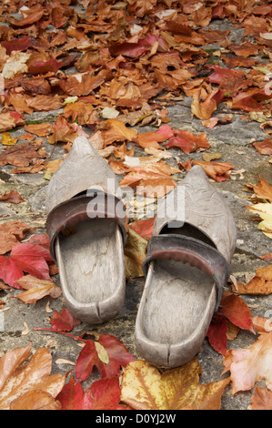 Sabots traditionnels français. M. Descroix usé du vieux sabots en bois, entouré de feuilles mortes, de la Drôme, France rurale. Banque D'Images