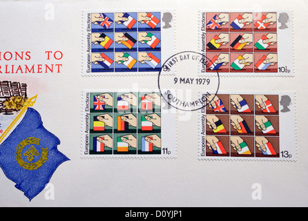Mémoire commémoratif Premier jour timbre-poste de 1979 pour les élections directes au Parlement européen.Reine Elizabeth II Banque D'Images