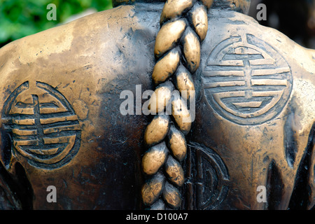 Close up de symboles chinois et étroitement cheveux tressés sur la sculpture en bronze "La rivière Merchants' par la rivière Singapour. Banque D'Images