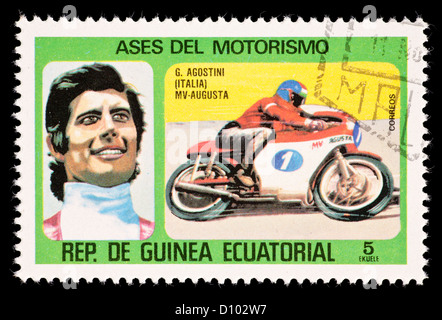 Timbre-poste de Guinée Equatoriale représentant un motocycliste Banque D'Images