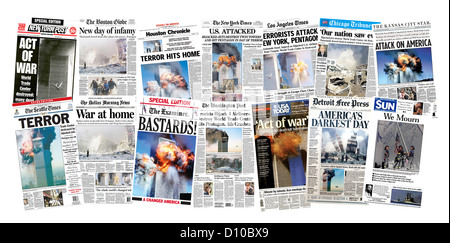 Une sélection de pages des journaux du 12 septembre 2001, le rapport sur les attaques terroristes aux USA. Banque D'Images