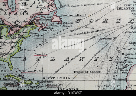 Carte antique par W et A&K Johnston, imprimé en c.1888. Illustrant le monde. Un zoom avant sur l'océan Atlantique Nord Banque D'Images