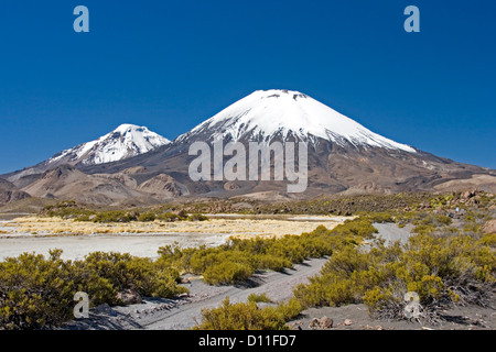 La voie menant à travers le paysage vers les volcans enneigés Parinacota et Pomarape près de Putre au Chili Amérique du Sud Banque D'Images