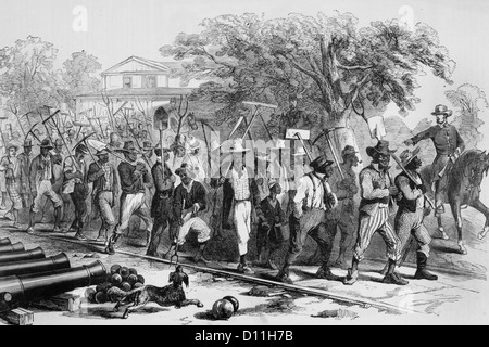 L'ILLUSTRATION 1860 GUERRE CIVILE MATIN CONTREBANDE RASSEMBLEMENT travailleurs afro-américains des journaliers À LA FORTERESSE MONROE VIRGINIA USA Banque D'Images