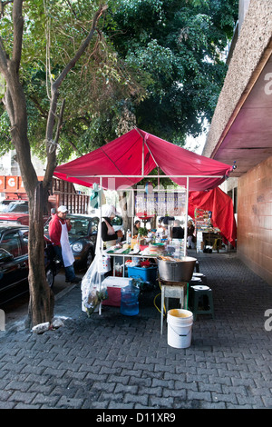 Femme prépare la nourriture à d'autres & tacos taco trottoir stand avec coin sur le côté street dans le quartier rom de la ville de Mexico Banque D'Images