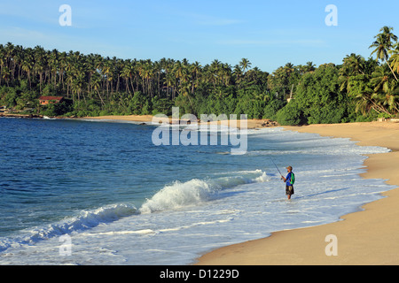 Un homme seul la pêche au petit matin sur une belle plage de sable blanc de Tangalle, sur la côte sud du Sri Lanka Banque D'Images