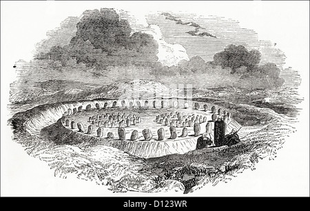Vue du Néolithique restaurée Avebury henge cercles mégalithiques avec Druides Wiltshire England UK. La gravure sur bois victorien circa 1845 Banque D'Images