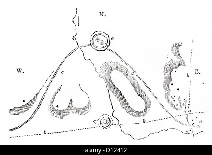 Plan étendu de l'Avebury Neolithic henge pierres cercles Wiltshire Angleterre Royaume-Uni gravure de bois victorienne vers 1845 Banque D'Images