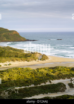 D'un grand angle de vue plage phlébotome et La Baie au coucher du soleil, sur la péninsule d'Otago, près de Dunedin, Otago, Nouvelle-Zélande Banque D'Images