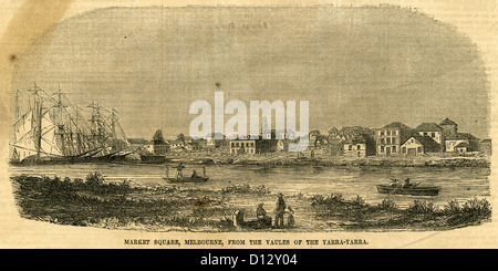 1854 gravure, Place du marché, Melbourne, Australie, du Vaules du Yarra-Yarra. Banque D'Images