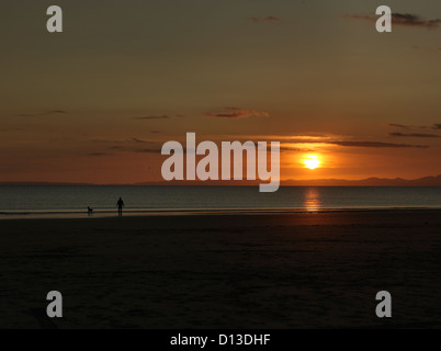 Un homme et son chien marche sur Harlech Beach dans le Nord du Pays de Galles au coucher du soleil. Banque D'Images