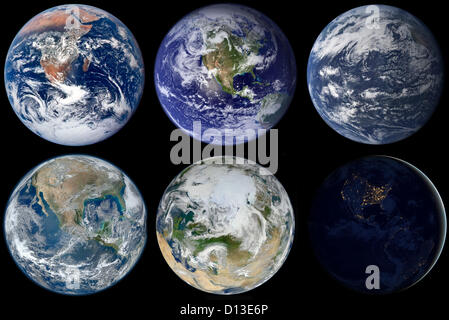 Image composite montrant une variété de vues de la terre de l'espace. Rangée du haut de gauche à droite : Bleu En 1972, le bleu en 2002, Aqua en 2005. Rangée du bas de gauche à droite : Bleu En 2012, en marbre blanc, noir 2012 en 2012. Banque D'Images